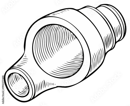 Vintage engraved industrial component technical drawing in detailed retro line art style