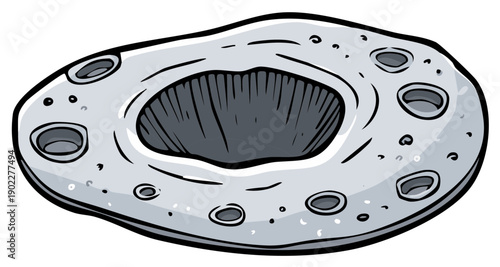 Cartoon planetoid with impact craters and large central hole, surface illustration