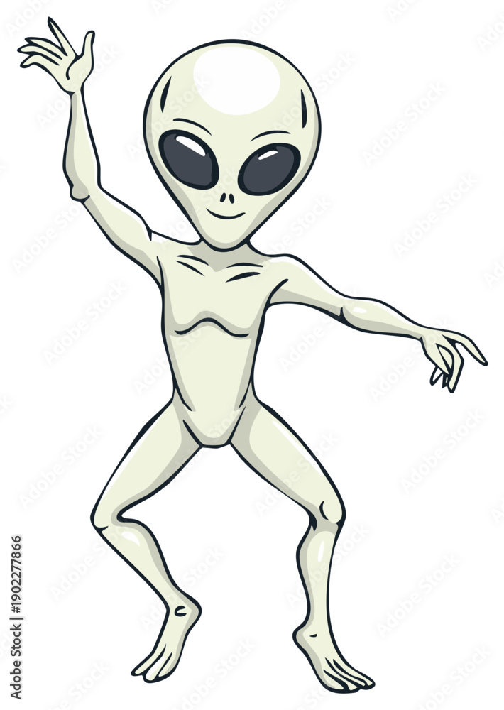 Obraz premium Friendly alien with big eyes and a cheerful smile waving hello in a playful pose