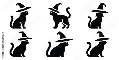Set of halloween witch cat companion silhouettes black icon Vector illustration and isolated on white background.