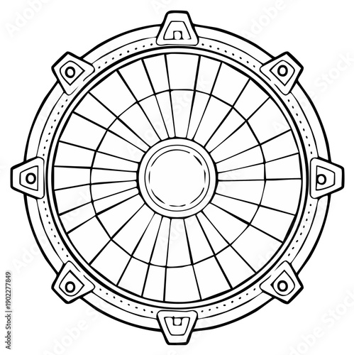 Stylized circular emblem with geometric radiating lines and outer decorative elements