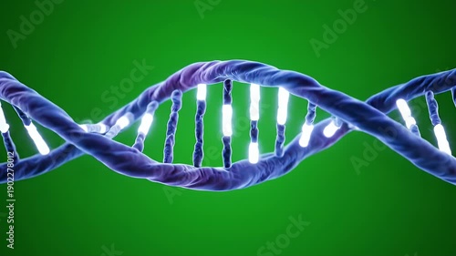 A 3D rendered view of a DNA double helix against a vibrant green background