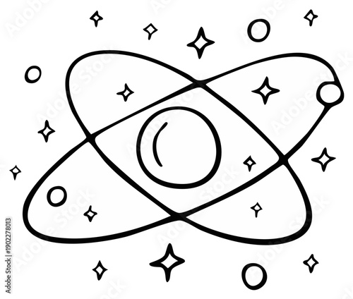 Hand drawn atom model with orbiting electrons and sparkling stars scientific concept