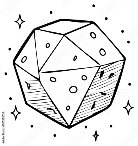 Hand Drawn Abstract Cosmic Asteroid Illustration with Stars and Dots