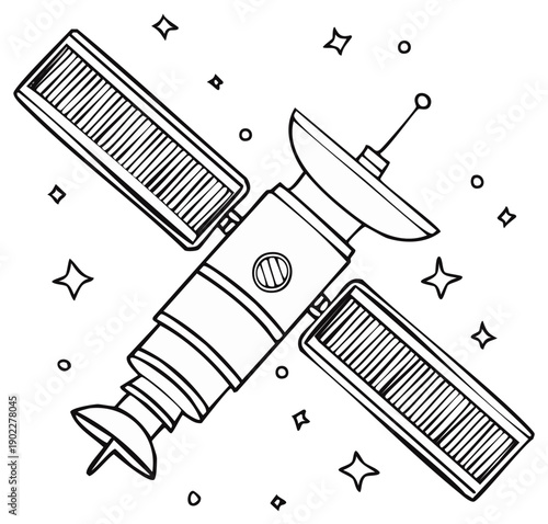 Hand drawn outline satellite orbiting in starry outer space galaxy