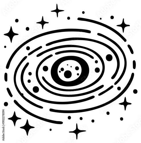 Hand drawn spiral galaxy with stars vector illustration simple black icon