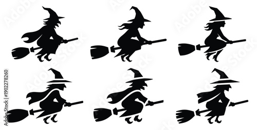 Set of halloween witch flying on broom silhouettes black icon Vector illustration and isolated on white background.