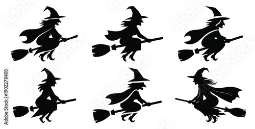 Set of halloween witch flying night silhouettes black icon Vector illustration and isolated on white background.