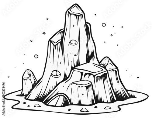 Monochrome Cartoon Planet Landscape Illustration with Mountain Peaks and Water