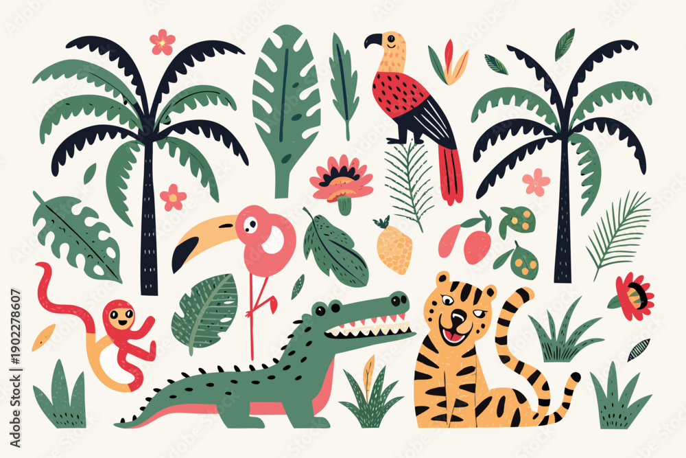 Fototapeta premium A vibrant illustration depicting tropical animals and lush jungle foliage