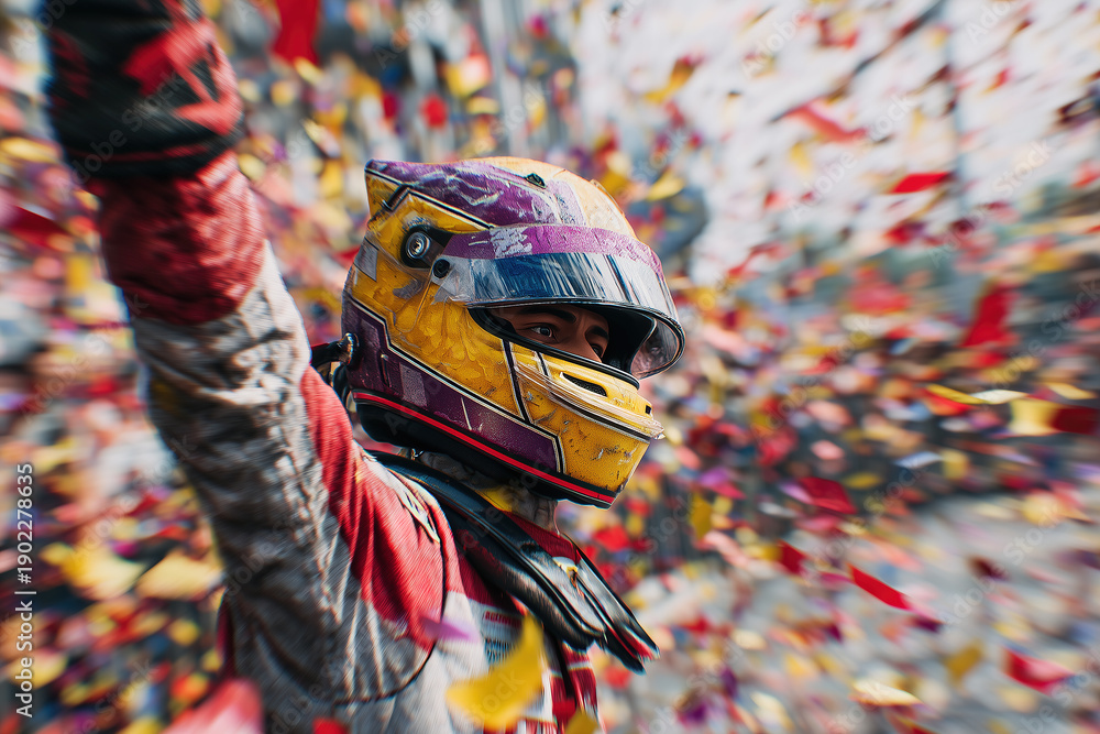 Fototapeta premium Driver celebrates victory with arms raised surrounded by confetti after a thrilling formula race on the track