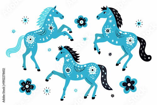 Stylized blue horses with floral patterns and decorative elements
