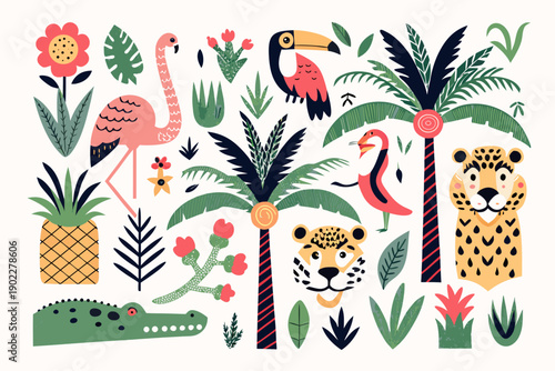 Tropical illustration featuring colorful animals plants and vibrant botanical elements