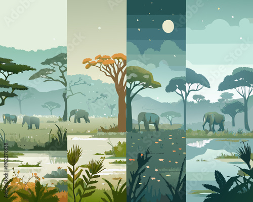 A series of vibrant stylized panels depicting african savanna landscapes