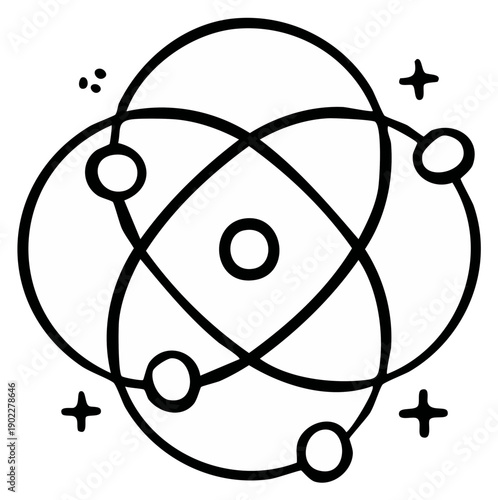 Stylized atomic model icon with orbiting electrons and sparkles