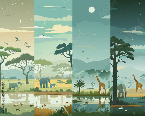 African savanna scenes depict wildlife and changing light throughout the day
