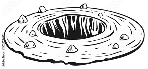 Scary monster maw with sharp teeth emerging from a pit in the ground black and white vector art