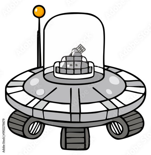 Cartoon illustration of a funny alien UFO rover with caterpillar tracks and a robot pilot