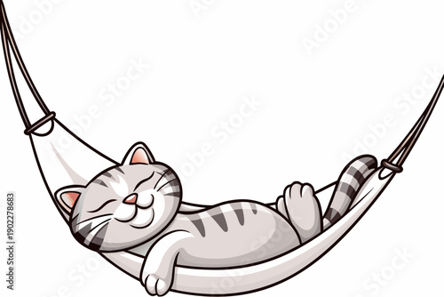 A gray tabby cat peacefully sleeps in a white hammock