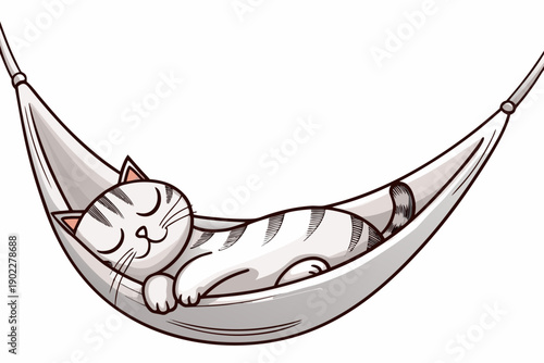 A striped cat peacefully sleeps in a gently swaying hammock