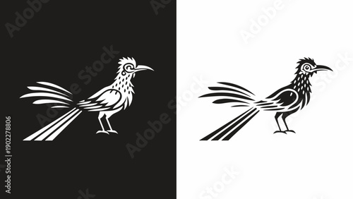 Two roadrunner illustrations one on black and one on white backgrounds