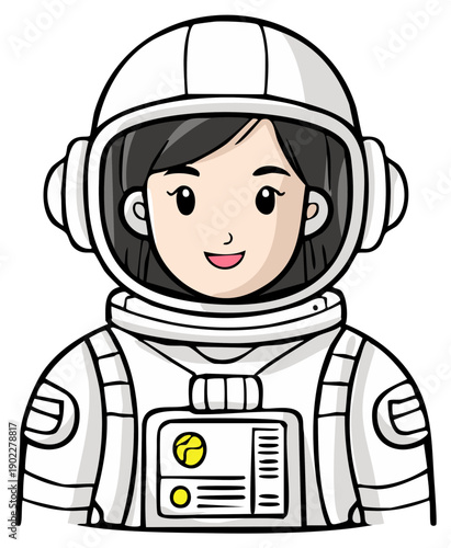 Portrait of a smiling young female astronaut in a white spacesuit and helmet cartoon illustration