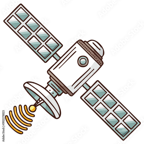 Simple cartoon illustration of an orbital satellite with solar panels broadcasting a signal