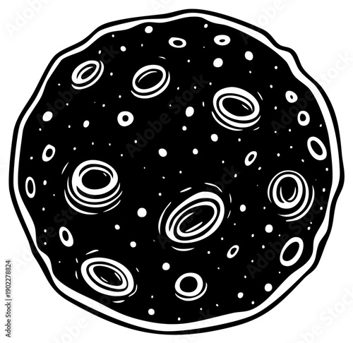 Cartoon moon or planet with many craters hand drawn black and white vector icon