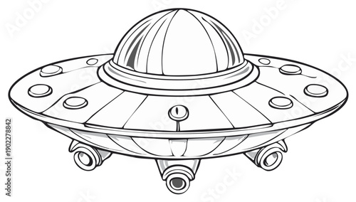 Outline drawing of a classic flying saucer shaped alien spacecraft with dome and landing gear