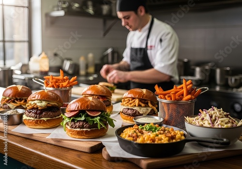 Chef preparing gourmet burgers and sweet potato fries in a modern kitchen setting
