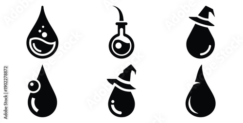 Set of halloween witch potion drop silhouettes black icon Vector illustration and isolated on white background.