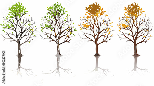 Four trees illustrate seasonal changes with vibrant foliage colors
