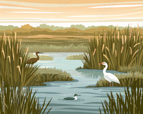 Tranquil wetland scene featuring birds and lush vegetation at sunset