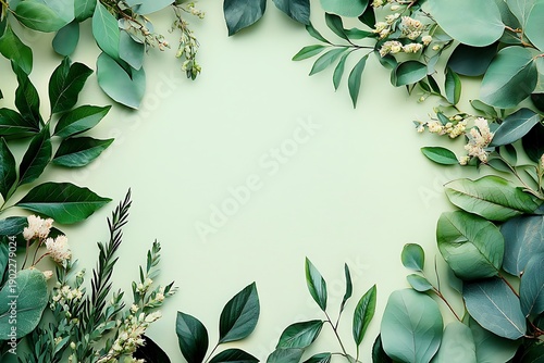 Greenery Frame: A captivating botanical frame, formed by an array of verdant leaves and delicate flora, embraces a gentle, pale-green canvas, evoking tranquility and freshness.