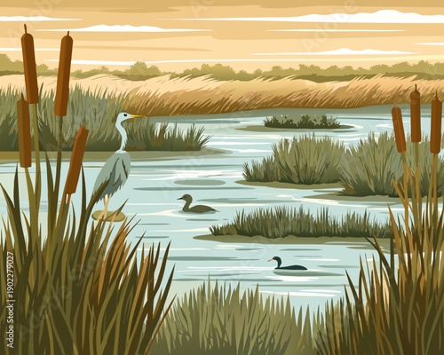 Obraz na plátně A serene wetland scene featuring a heron ducks and cattails