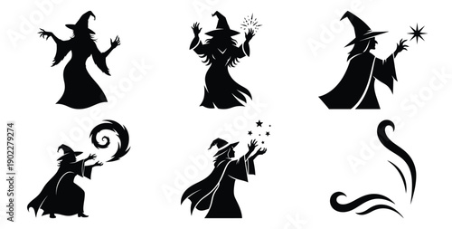Set of halloween witch silhouette casting spell silhouettes black icon Vector illustration and isolated on white background.