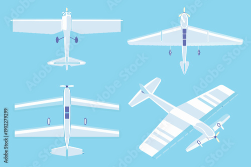 Four views of a small single engine airplane in a flat design