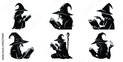Set of halloween witch silhouette reading spell silhouettes black icon Vector illustration and isolated on white background.