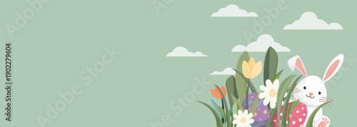 Cute bunny and Easter eggs in the bush hand drawn style with green background have blank space.