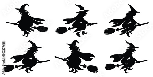 Set of halloween witch silhouette riding broom silhouettes black icon Vector illustration and isolated on white background.
