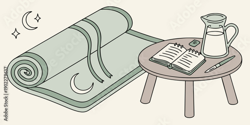 Calming Nighttime Scene with Yoga Mat, Journal, and Refreshing Drink on a Cozy Table Setting