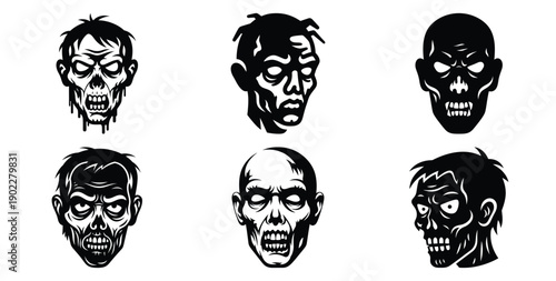 Set of halloween zombie face silhouettes black icon Vector illustration and isolated on white background.