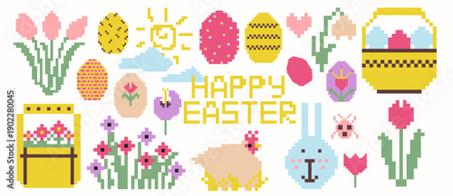 Collection of  8-bit pixel art icons for a Happy Easter celebration. Traditional  festive decorative symbols. 