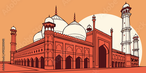 Badshahi Mosque Illustration, Lahore Landmark, Architectural Beauty