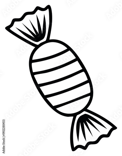 Classic wrapped candy with horizontal stripes black and white line art illustration icon