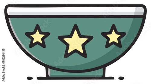 Illustration of an ornate bowl adorned with yellow stars. Ceramic dish with stylish design.