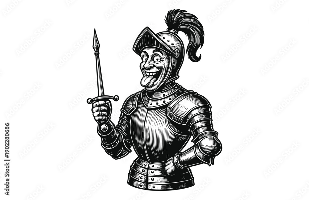 Fototapeta premium Vintage Engraving Woodcut Illustration of Medieval Knight Sticking Out Tongue and Holding Dagger