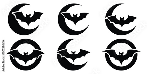 Set of halloween bat inside moon silhouettes black icon Vector illustration and isolated on white background.