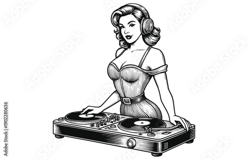 Vintage Woodcut Illustration of Female DJ Mixing Vinyl Records on Turntable