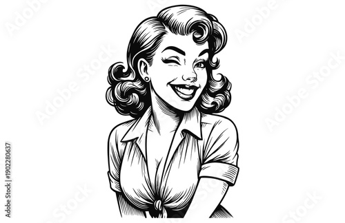 Vintage Engraving Woodcut Illustration of Winking Woman with Retro Haircut
